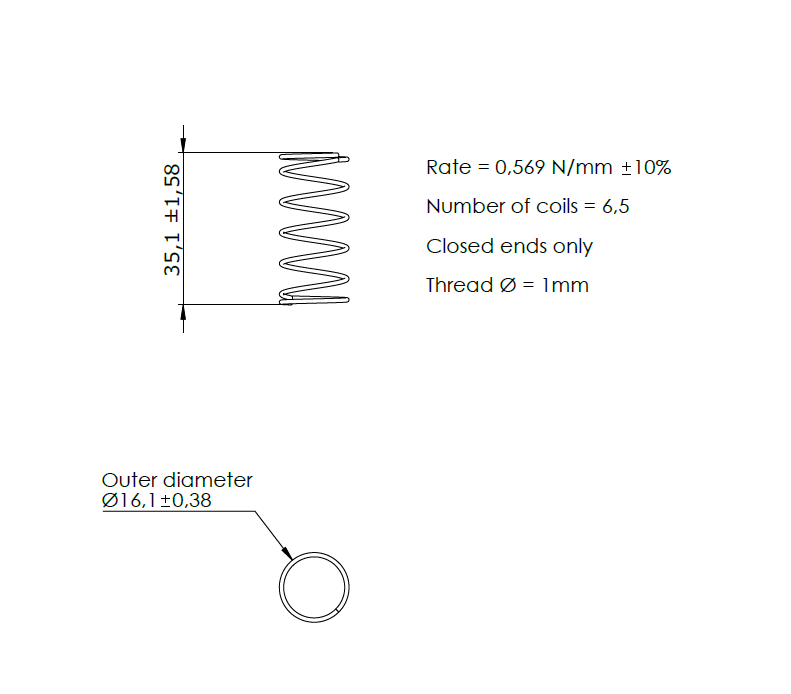 Trykfjeder, rustfrit stål, d=1mm, Dm=15,1mm, Lo=35,1mm Trykfjeder, rustfrit stål, d=1mm, Dm=15,1mm, Lo=35,1mm