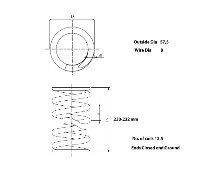 Trykfjeder, rustfrit stål, d=8mm, Dm=49,5mm, Lo=230mm