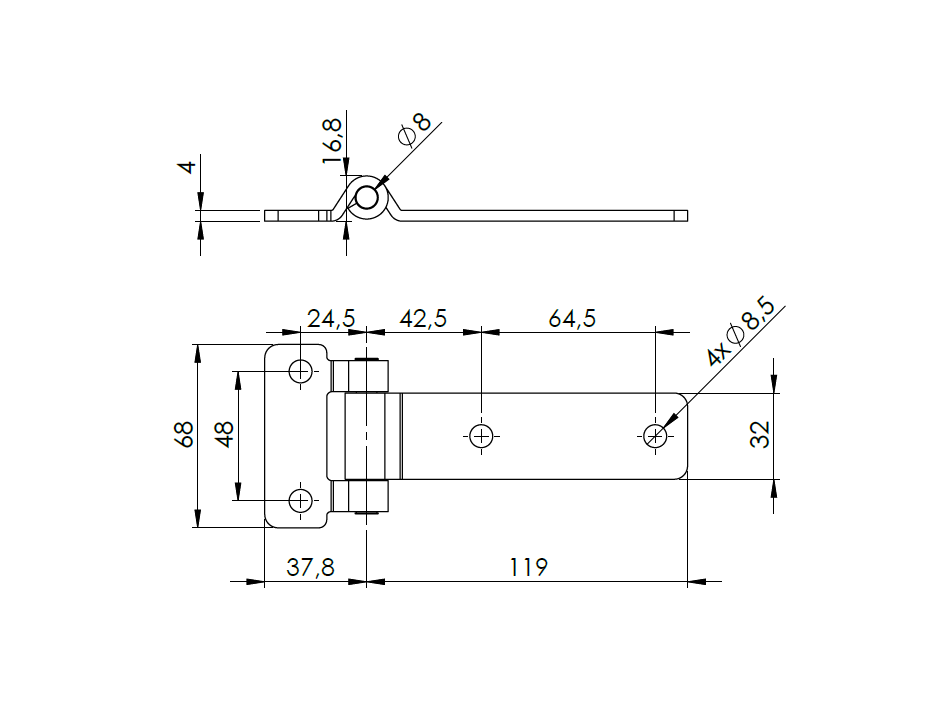 Kanthængsel med huller, syrefast stål, L=156,8, B=68, T=4