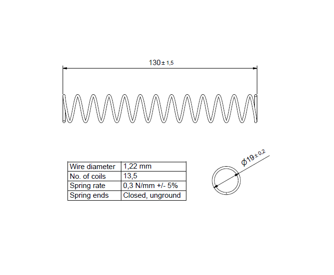 Trykfjeder, rustfrit stål, d=1,22mm, Dm=17,78mm, Lo=130mm