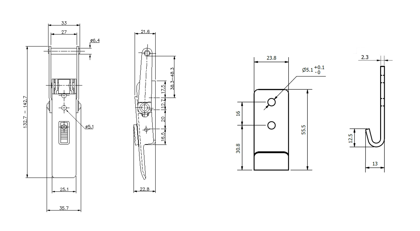 Snaplås, rustfrit stål, L=142,7, B=35,7, H=22,8, justerbar
