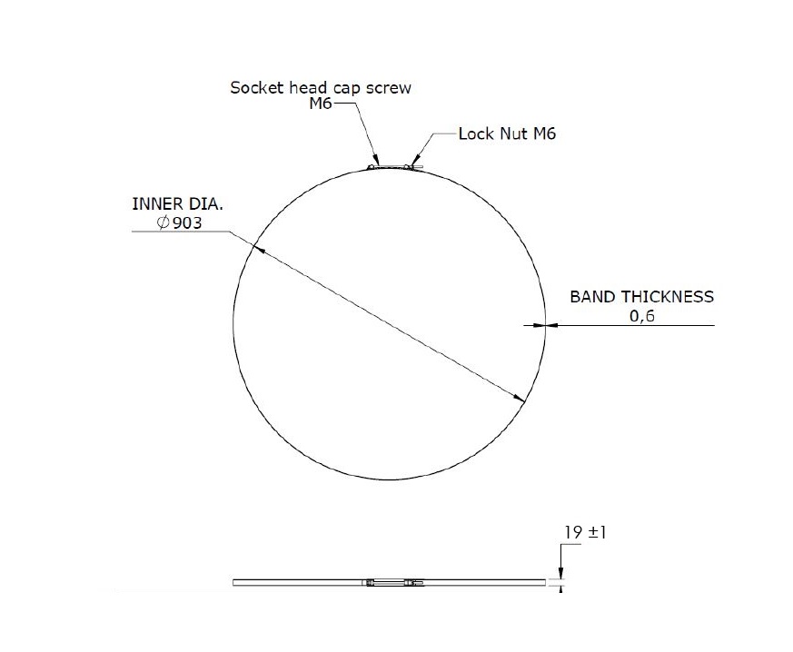 Komplet spændebånd, rustfrit stål, Diameter interval: 890-910mm, T= 0,6mm