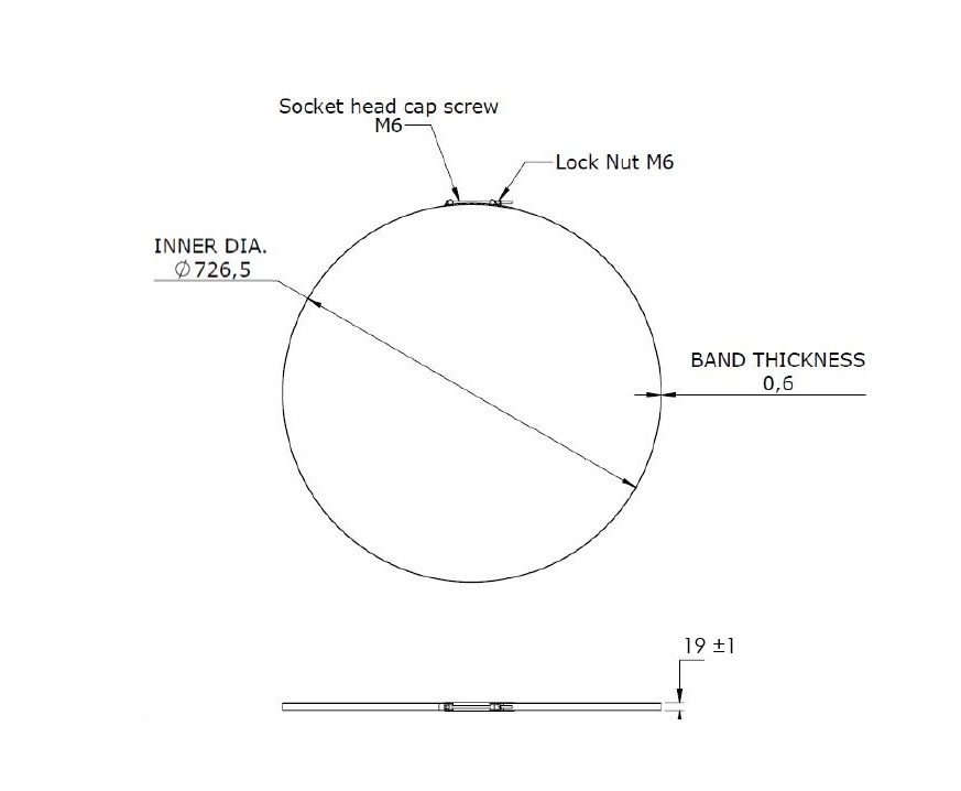 Komplet spændebånd, rustfrit stål, Diameter interval: 715-735mm, T= 0,6mm