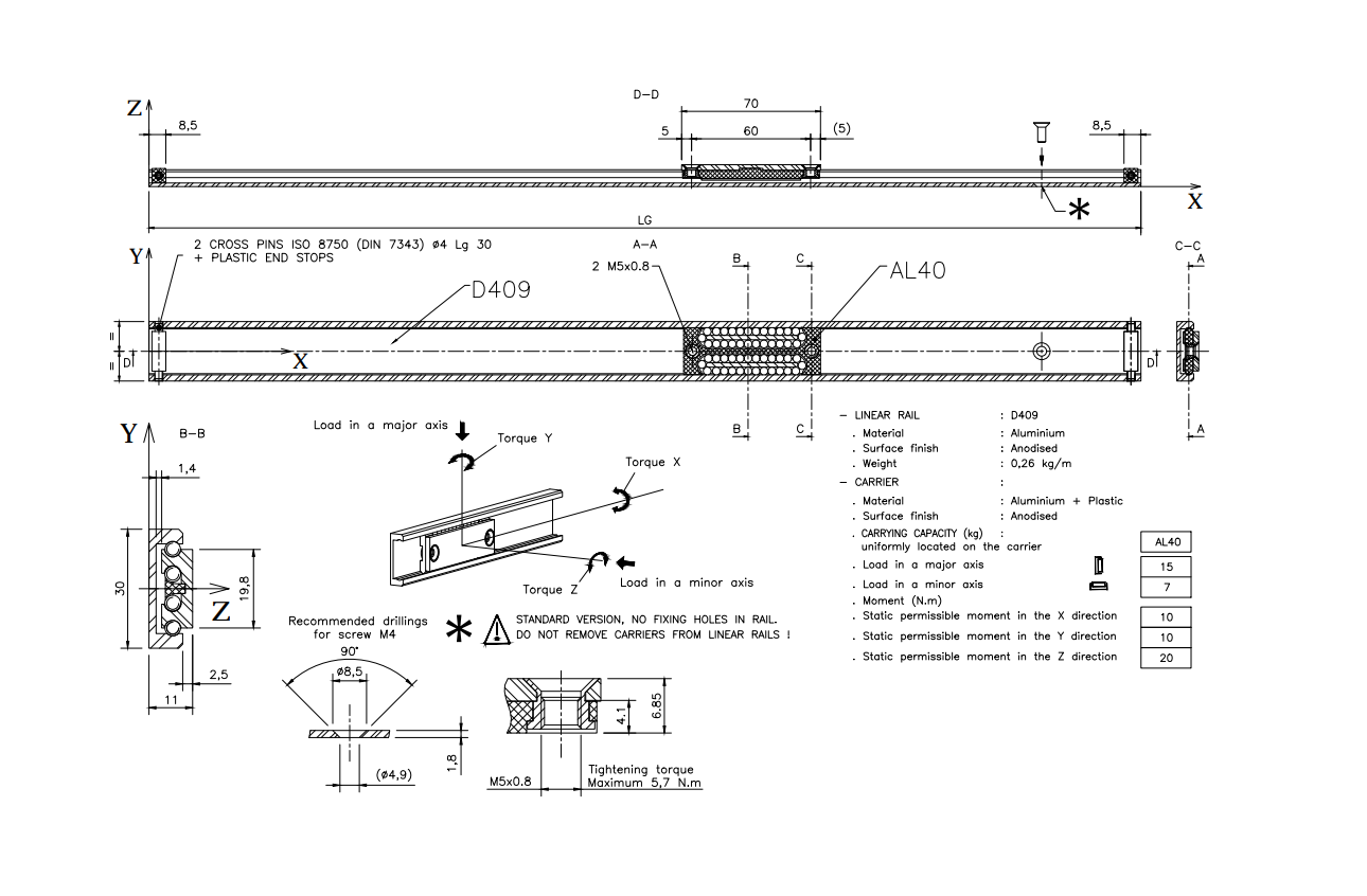 Skinnevogn, aluminium, længde =70 mm, bæreevne = 15kg