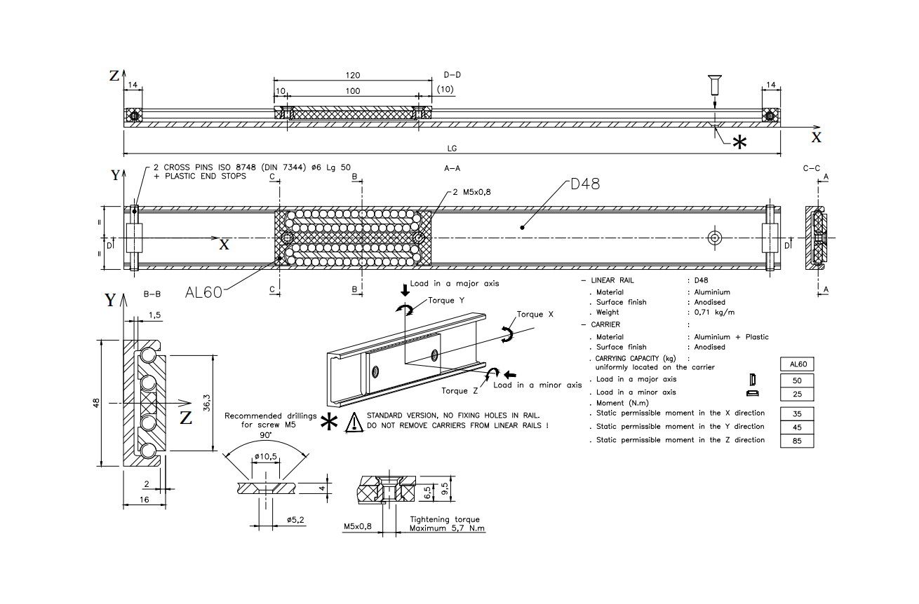 Skinnevogn, aluminium, længde =120 mm, bæreevne = 50kg
