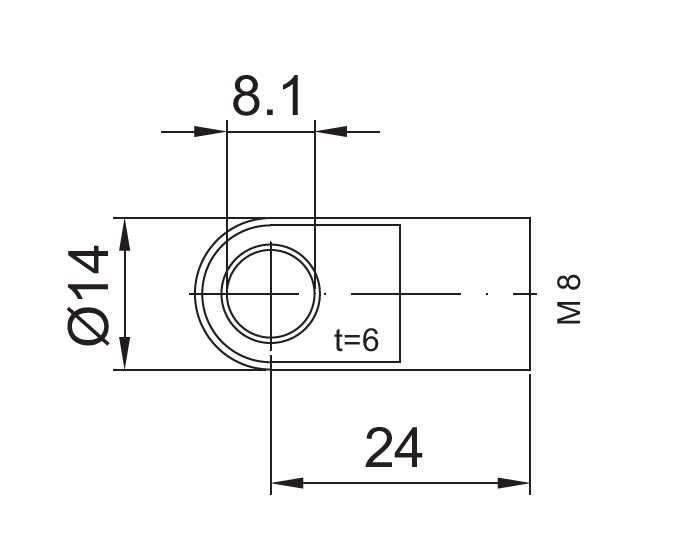 Endestykke, øje fitting, stål, M8, længde = 24 mm