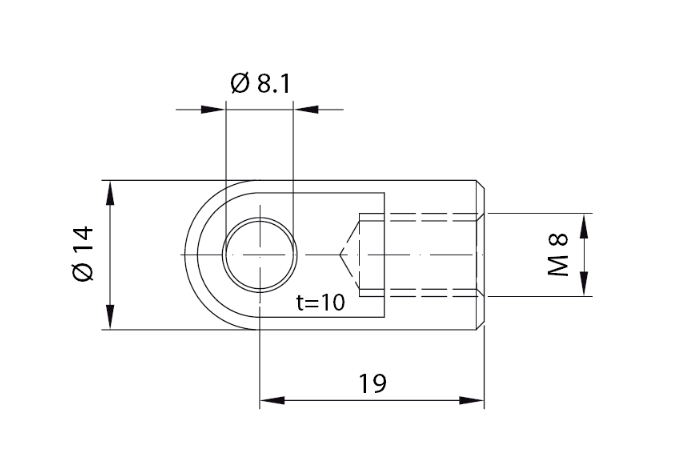 Endestykke, øje fitting, rustfrit stål, M8, længde = 19 mm