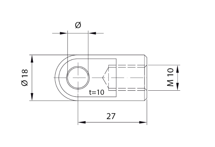 Endestykke, øje fitting, rustfrit stål, M10, længde = 27 mm