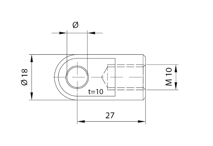 Endestykke, øje fitting, rustfrit stål, M10, længde = 27 mm