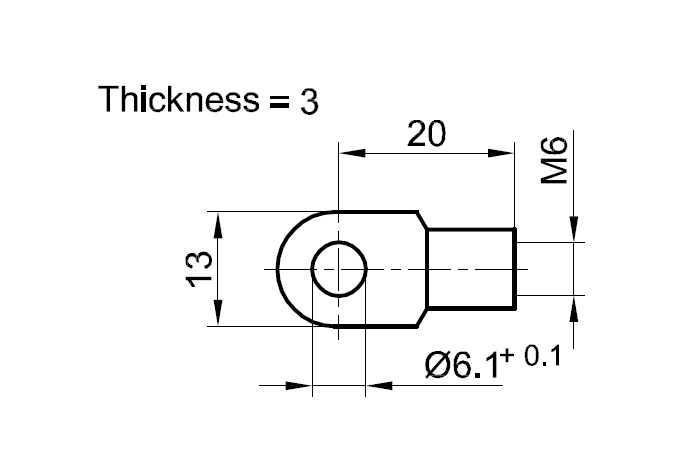 Endestykke, øje fitting, stål, M6, længde = 20 mm