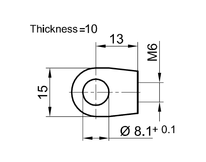 Endestykke, øje fitting, trykstøbt zink, M6, længde = 13 mm