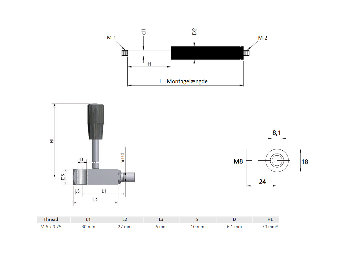 Bloklift, stål, kraft = 400 N, slaglængde = 60 mm, M6x0,75