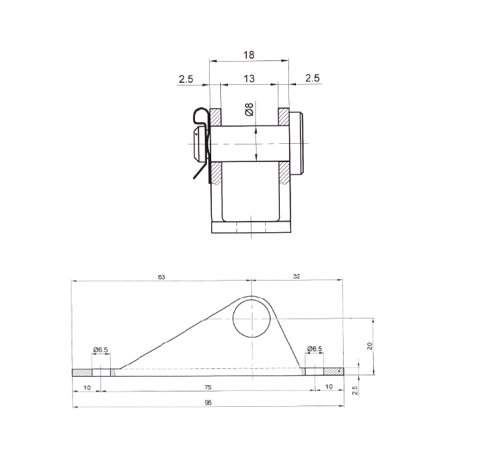 Beslag, stål, u-form akse, aksediameter = 8 mm