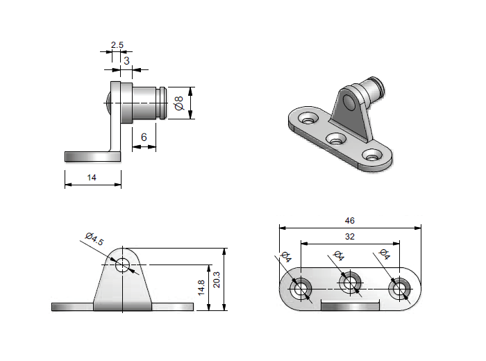 Beslag, stål, udad vinklet akse, aksediameter = 8 mm