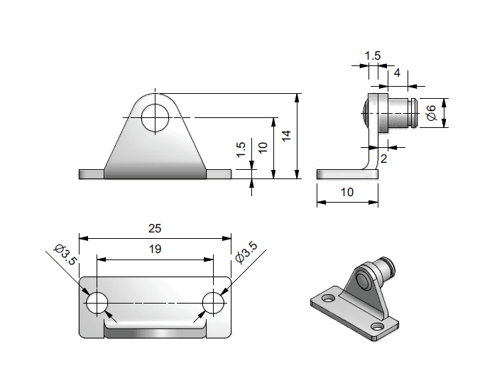 Beslag, stål, udad vinklet akse, aksediameter = 6 mm