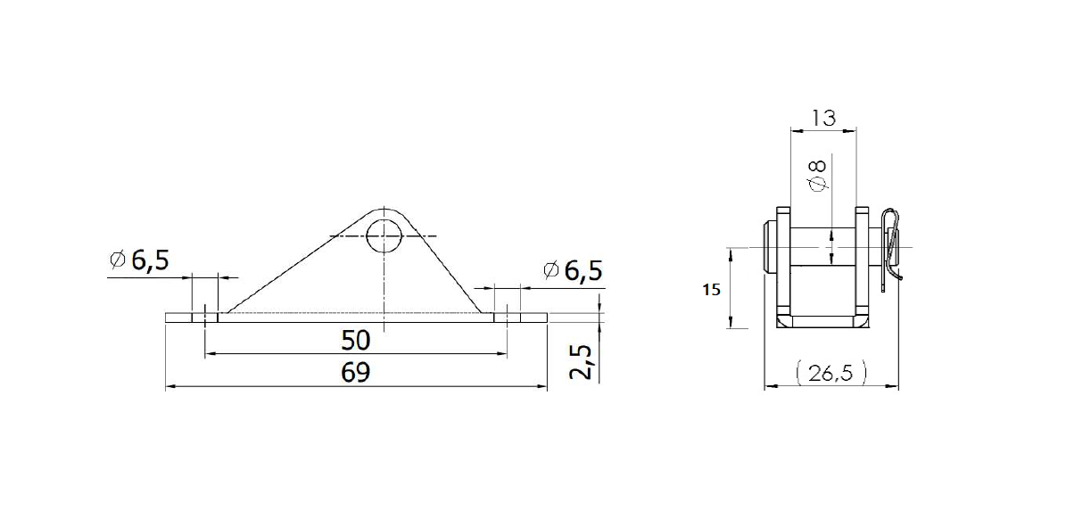Beslag, stål, u-form akse, aksediameter = 8 mm