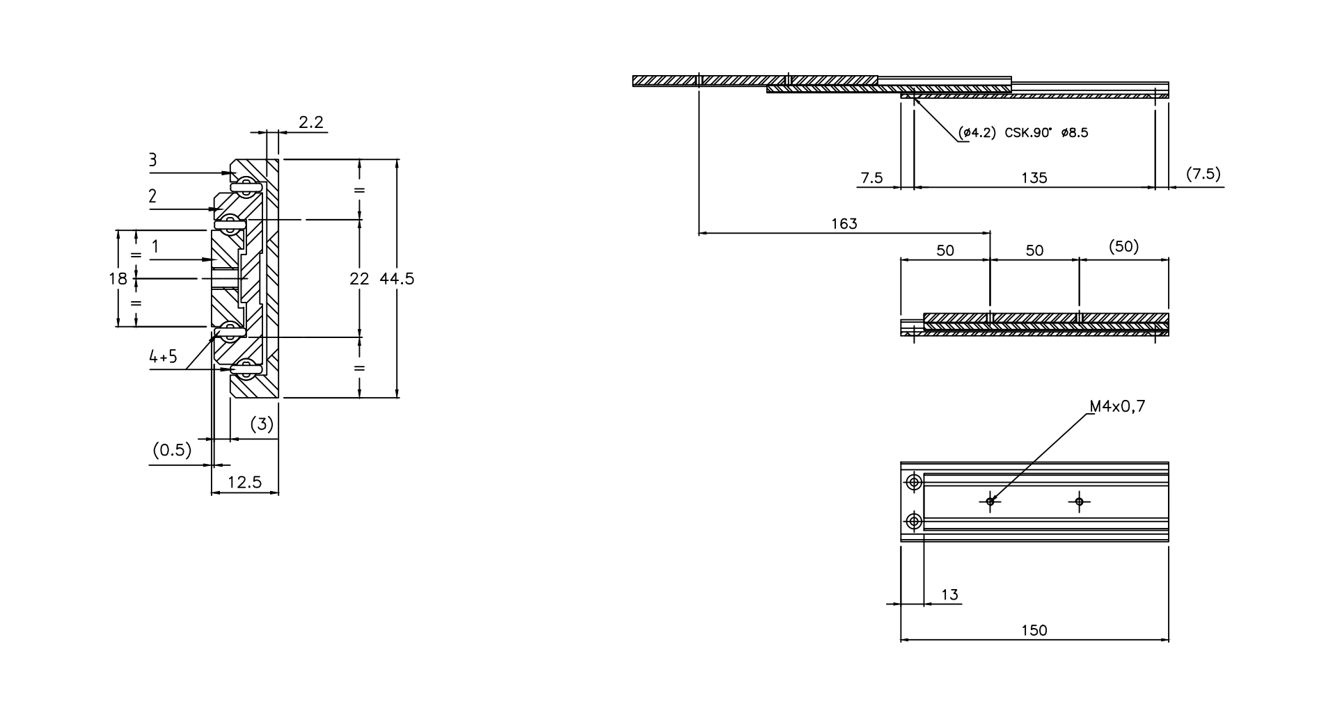 Udtræksskinne, aluminium, udtrækslængde =163 mm og bæreevne på 22 kg