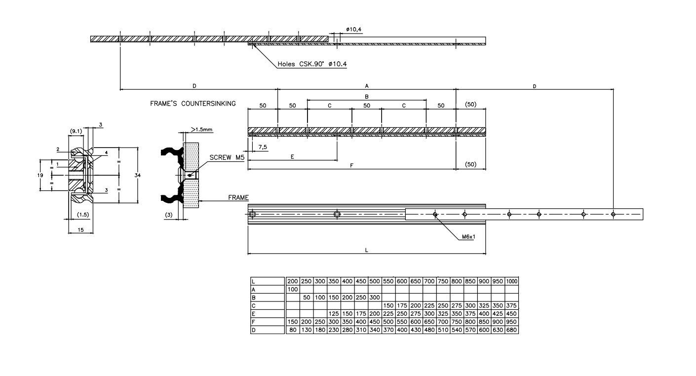 Udtræksskinne, aluminium, udtrækslængde =180 mm og bæreevne på 40 kg