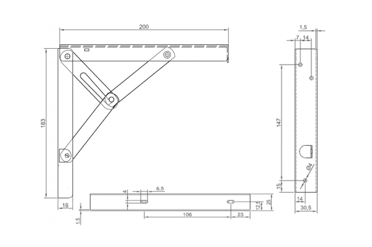 Klapbeslag, stål, L=200mm, H=183mm, B=30,5mm, Ø4mm huller