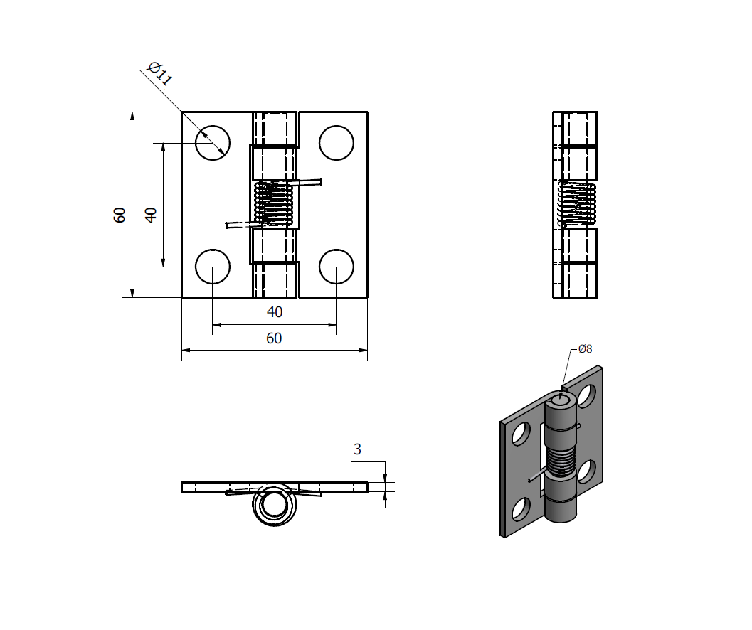 Fjederhængsel, syrefast stål, åben, ikke justerbar, L=60, B=60, H=14