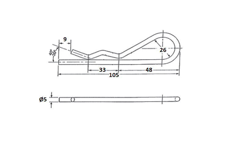 Åben fjedersplit, syrefast stål, L=105mm, H=36mm, tråddiameter=5mm