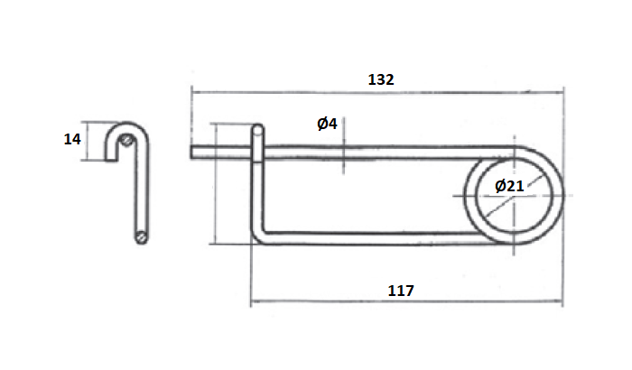 Lukket fjedersplit, stål stål, L=132mm, H=21mm, tråddiameter=4mm