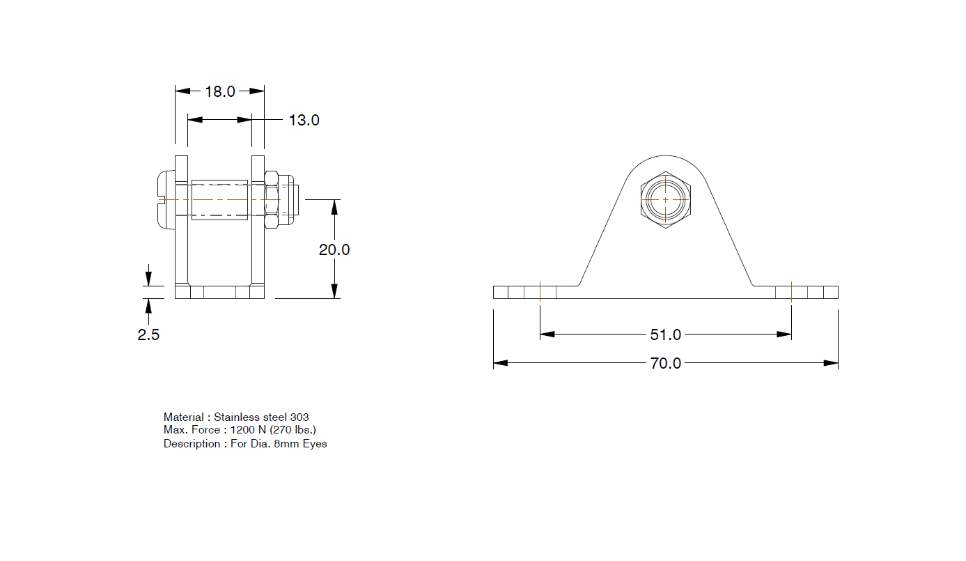Beslag, rustfrit stål, u-form akse, aksediameter = 8 mm
