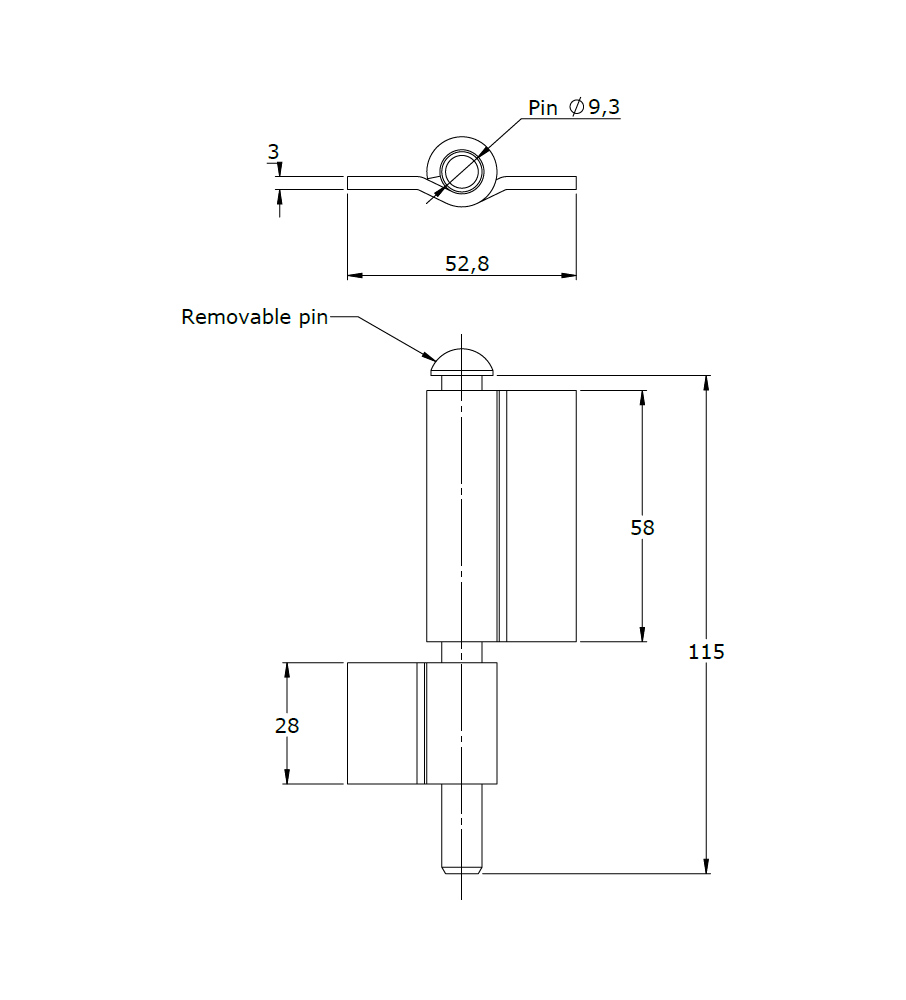 Kanthængsel uden huller, stål, L=115, B=52,8, T=3