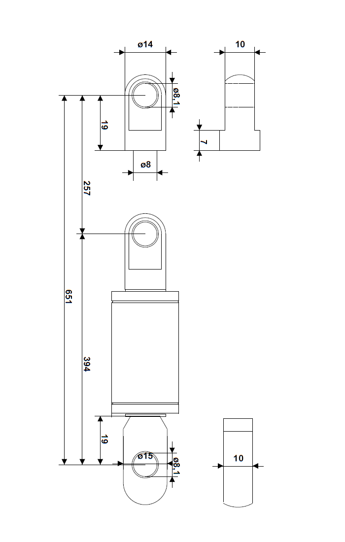 Dæmper, stål, M8, cylinderdiameter = 23 mm, kraft = 50 N, slaglængde = 257 mm