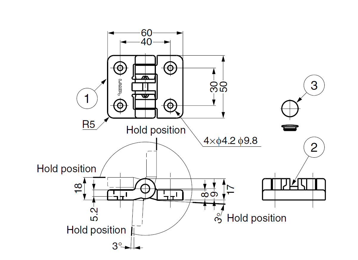 Positionshængsel, hvid pom plast, L=50, B=60, H=17