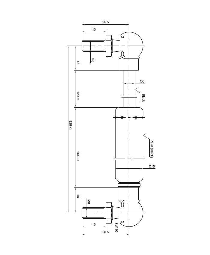 Dæmper, stål, M6, cylinderdiameter = 15 mm, kraft = 0 N, slaglængde = 120 mm
