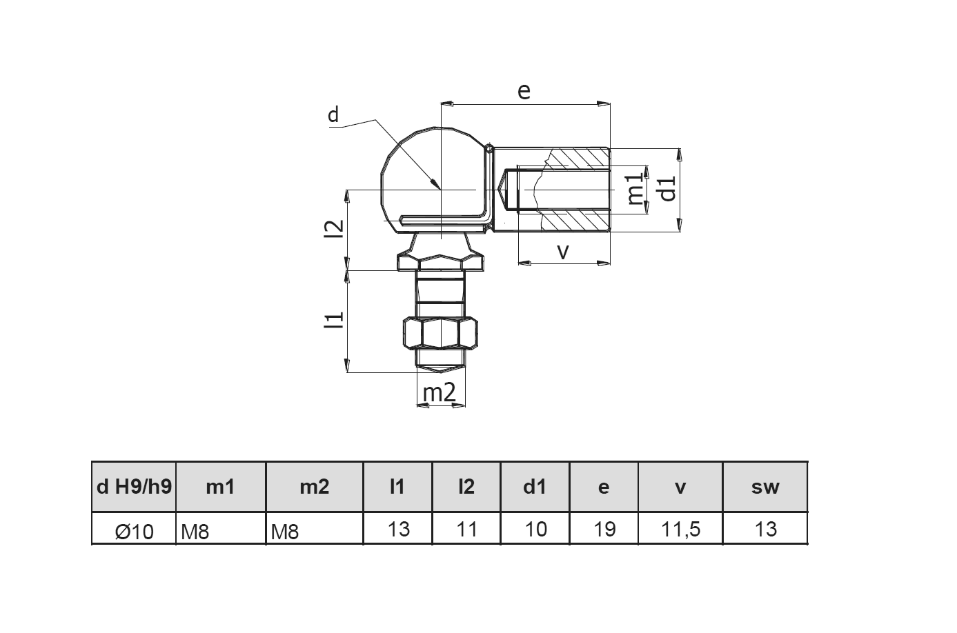 Endestykke, vinkel fitting, stål, M8, længde = 19 mm