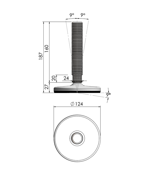 Maskinsko, syrefast stål, fast gevindspindel, M30, fod-diameter = 124 mm