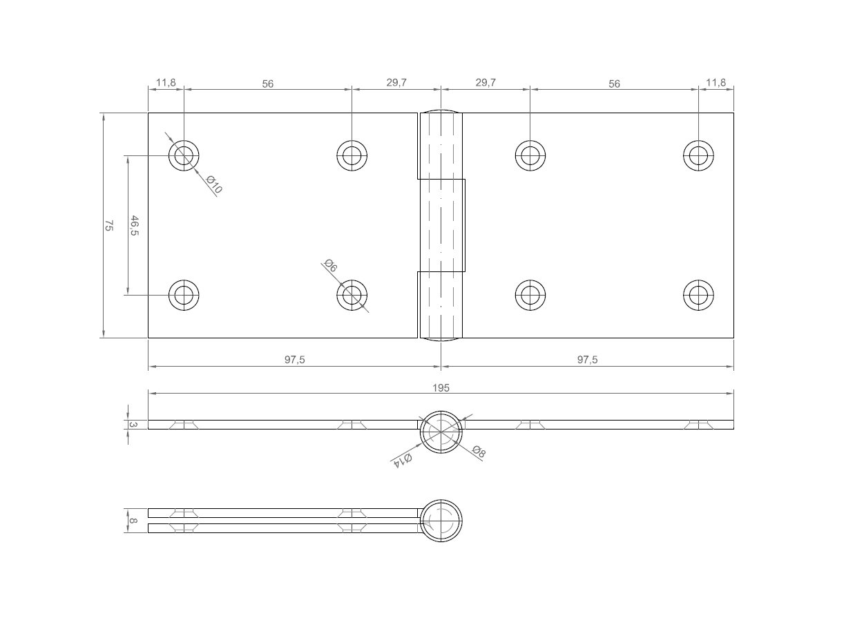 Kanthængsel med huller, syrefast stål, L=75, B=195, T=3
