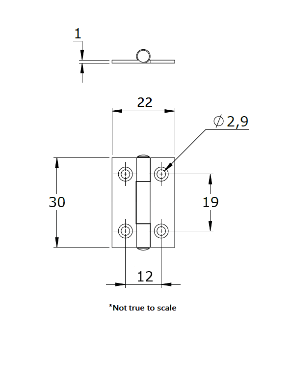 Kanthængsel med huller, stål, L=30, B=22, T=1