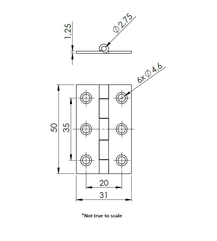 Kanthængsel med huller, stål, L=50, B=31, T=1,25