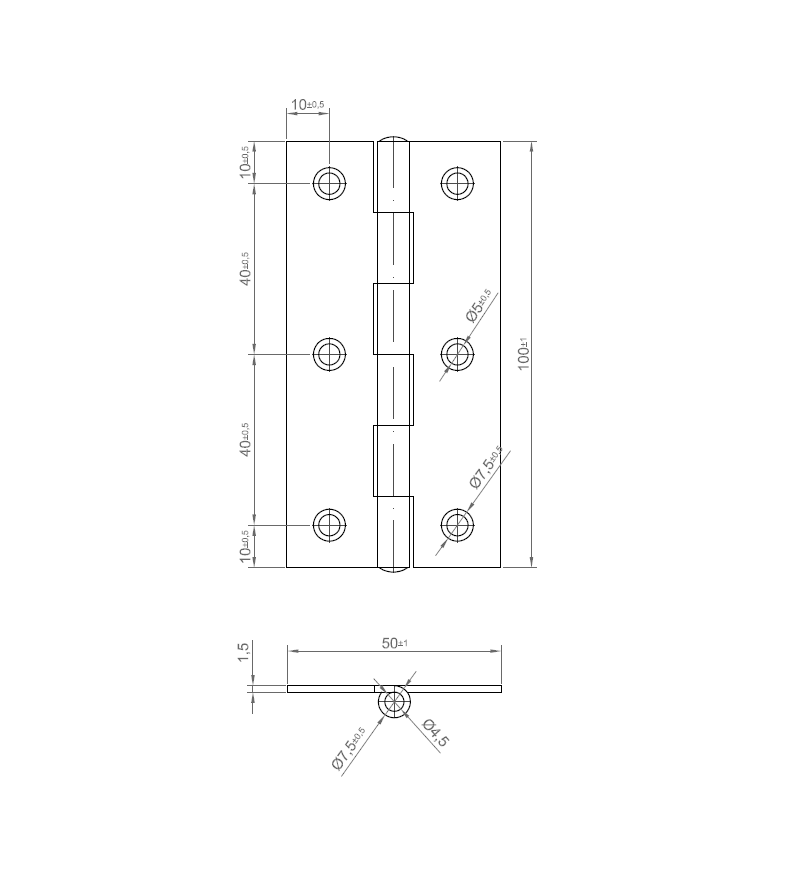Kanthængsel med huller, stål, L=100, B=50, T=1,5
