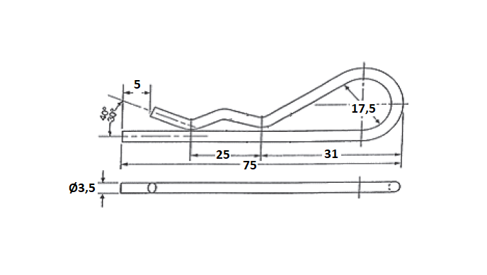 Åben fjedersplit, stål stål, L=75mm, H=24,5mm, tråddiameter=3,5mm