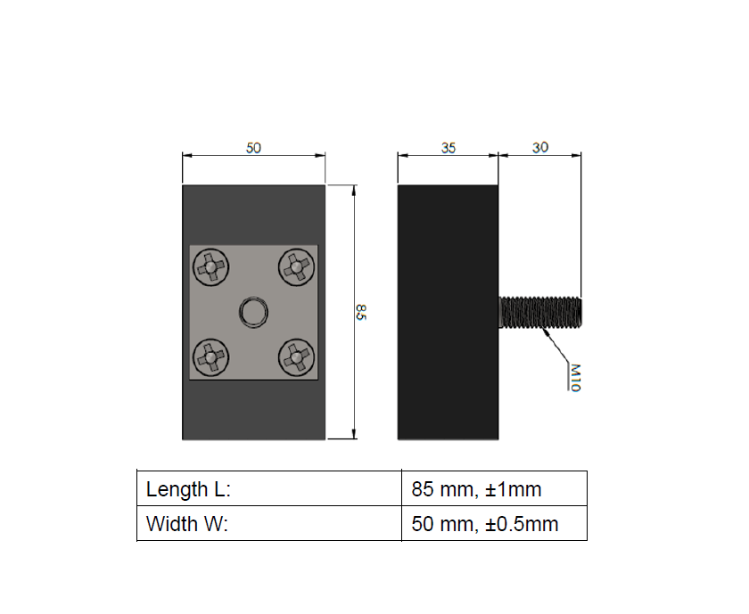 Gummi indstøbt magnet, firkantet, M10, H=35mm , F=3500N