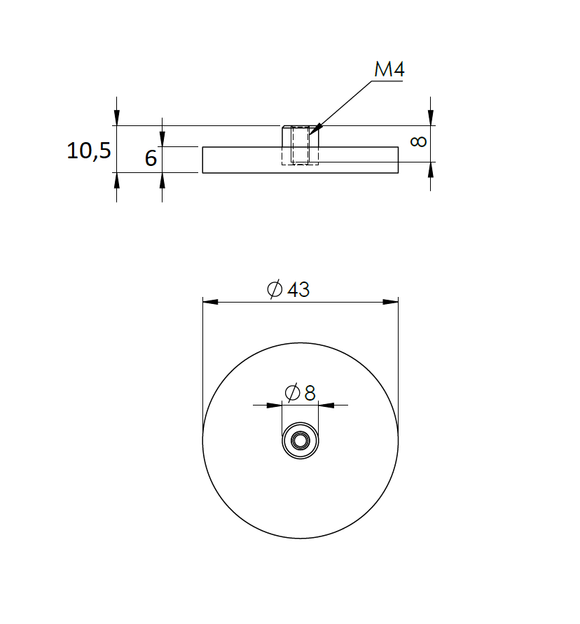 Gummi indstøbt magnet, cirkulær, M4, H=6mm , F=85N