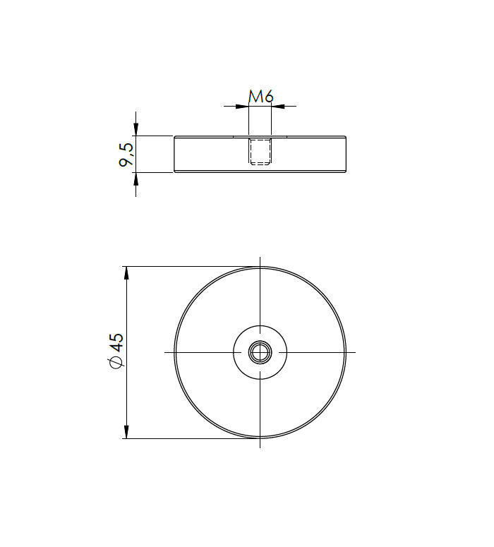 Gummi indstøbt magnet, cirkulær, M6, H=9,5mm , F=300N