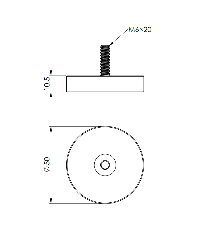 Gummi indstøbt magnet, cirkulær, M6, H=10,5mm , F=450N