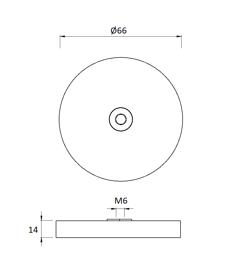 Gummi indstøbt magnet, cirkulær, M6, H=14mm , F=700N