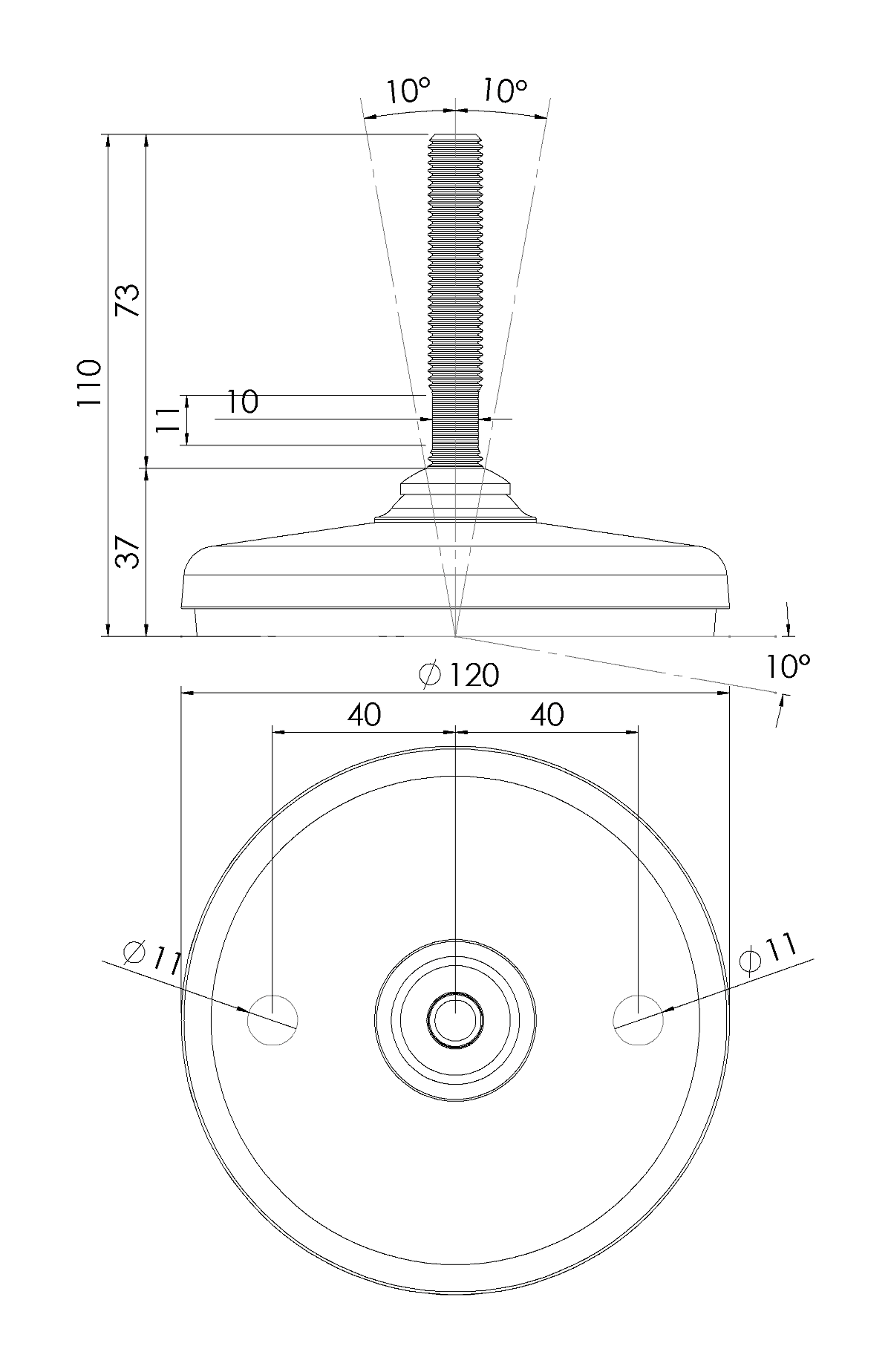 Maskinsko, syrefast stål, fast gevindspindel, M12, fod-diameter = 120 mm