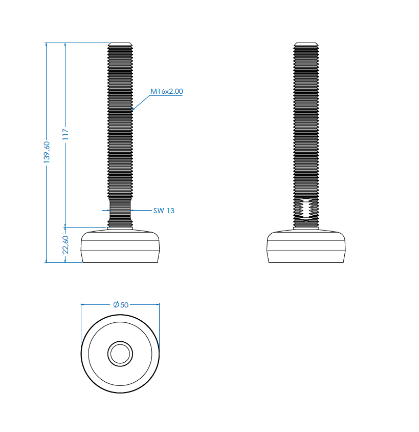 Maskinsko, syrefast stål, fast gevindspindel, M16, fod-diameter = 50 mm