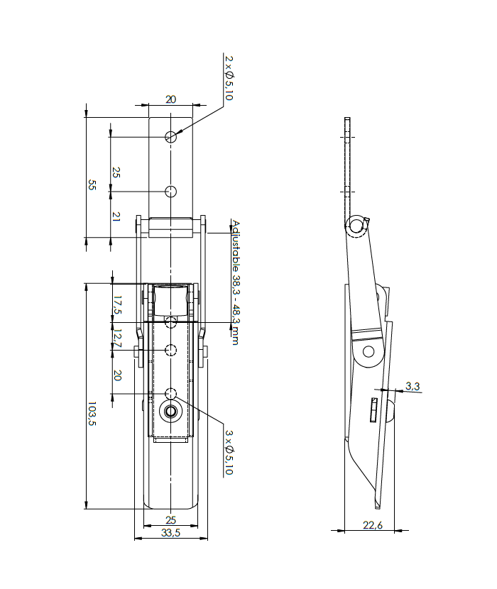 Snaplås, rustfrit stål, L=140, B=33,5, H=22,6, justerbar