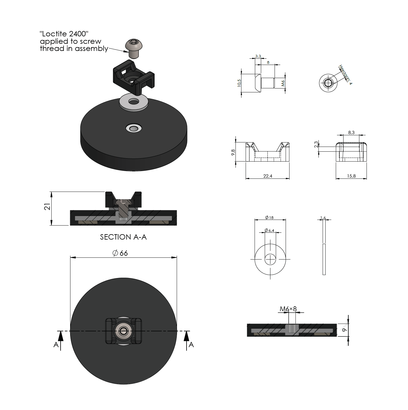 Gummi indstøbt magnet, cirkulær, M6, H=8,5mm , F=180N