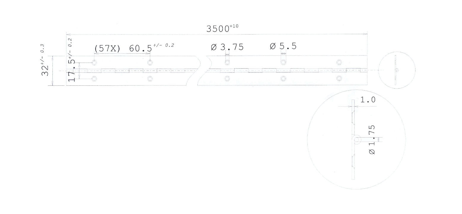 Pianohængsel med huller, rustfrit stål, L=3500, B=32, T=1