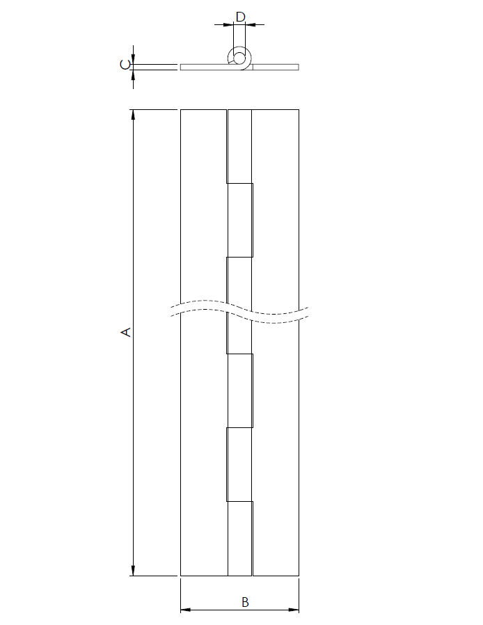 Pianohængsel uden huller, rustfrit stål, L=3500, B=32, T=1,5