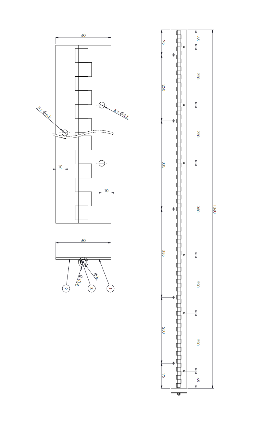 Pianohængsel med huller, stål, L=1360, B=60, T=2